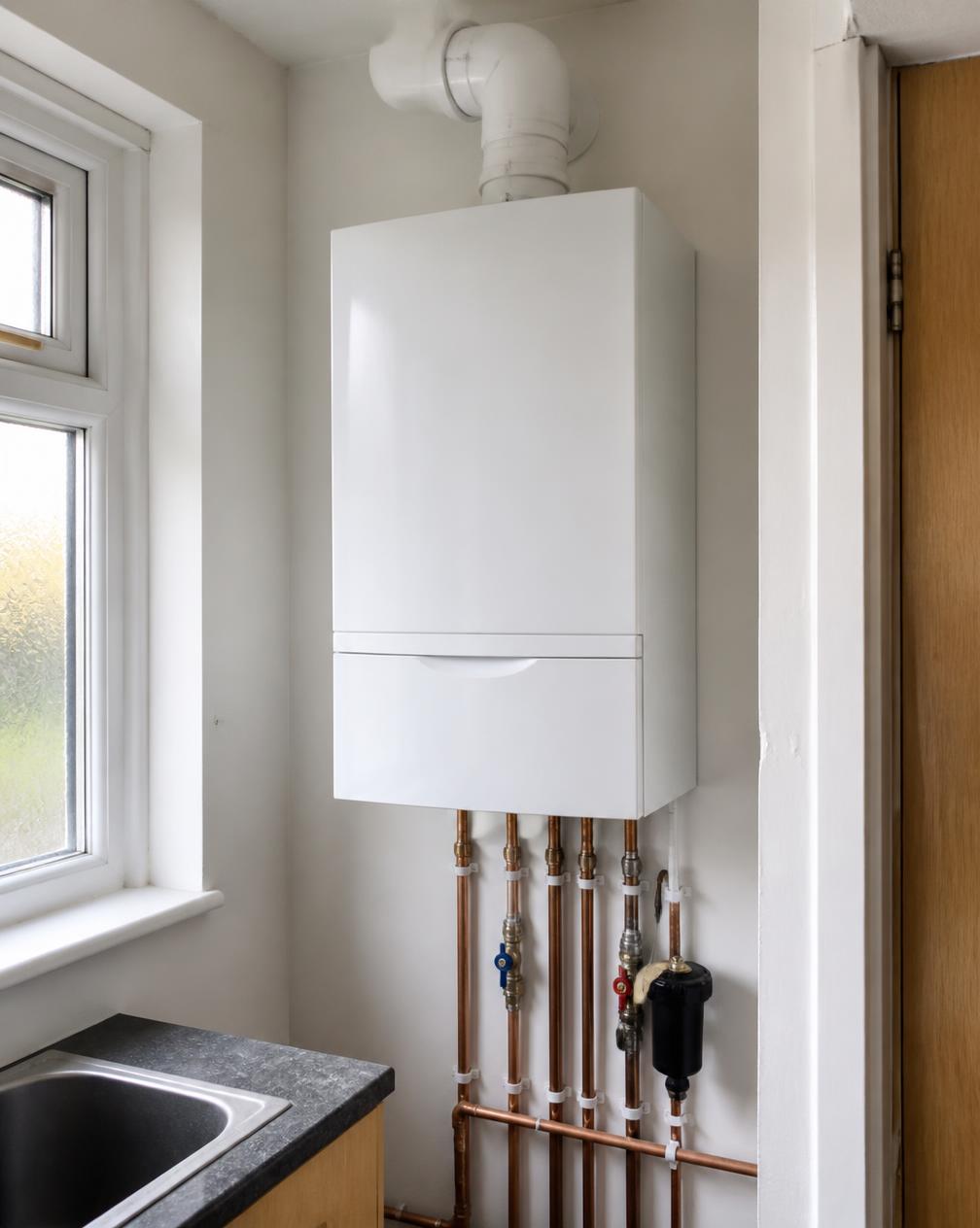 New combi boiler fitted with tidy copper pipework in a Cardiff home