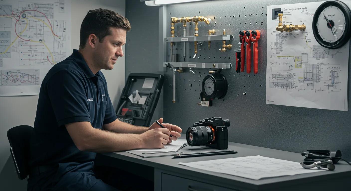 a sleek, modern plumbing office in cardiff showcases a professional plumber consulting with a client, surrounded by high-quality plumbing tools and diagrams, illuminated by bright, focused lighting for a sharp, engaging atmosphere.
