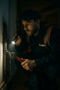 24/7 emergency plumber in Cardiff inspecting a leak at night with torch and tools
