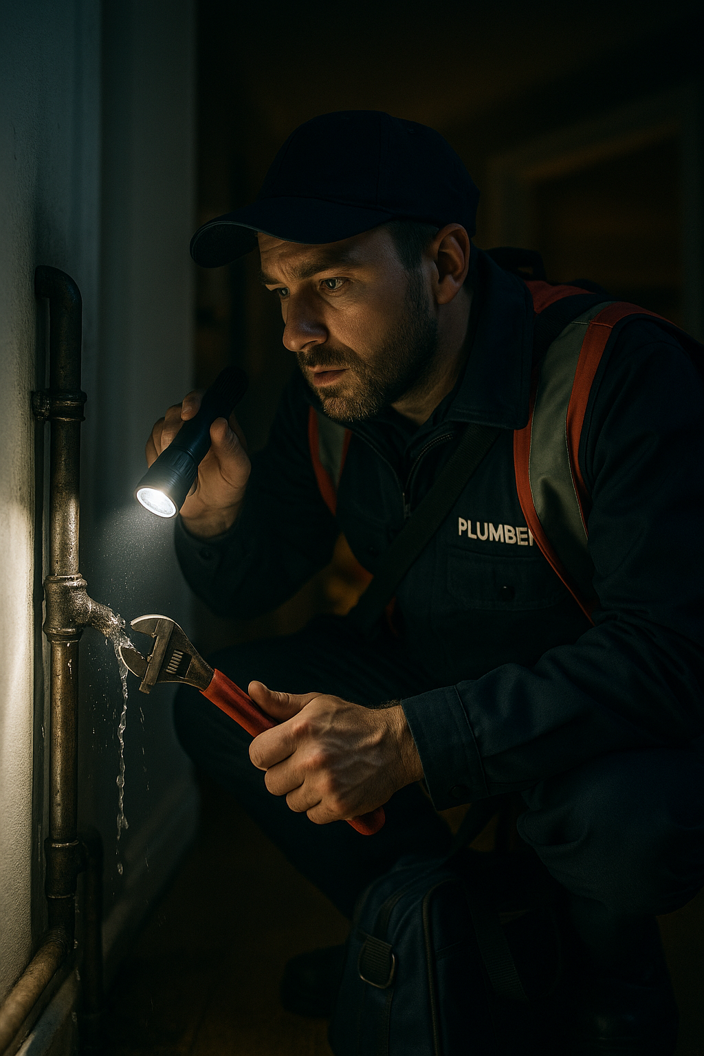 24/7 emergency plumber in Cardiff inspecting a leak at night with torch and tools