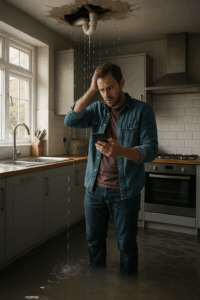 Homeowner in Cardiff dealing with burst pipe emergency, standing in kitchen with water damage while calling an emergency plumber
