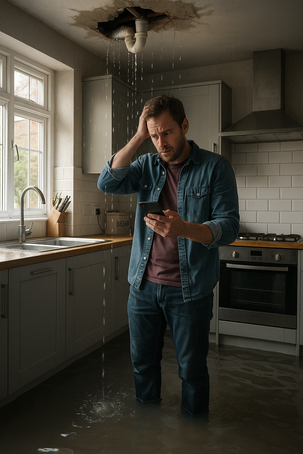Homeowner in Cardiff dealing with burst pipe emergency, standing in kitchen with water damage while calling an emergency plumber