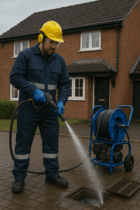 Blocked Drains in Cardiff? Here’s What to Do Before You Call a Drainage Company 3 Plumber unblocking an outdoor drain in Cardiff using high-pressure jetting equipment