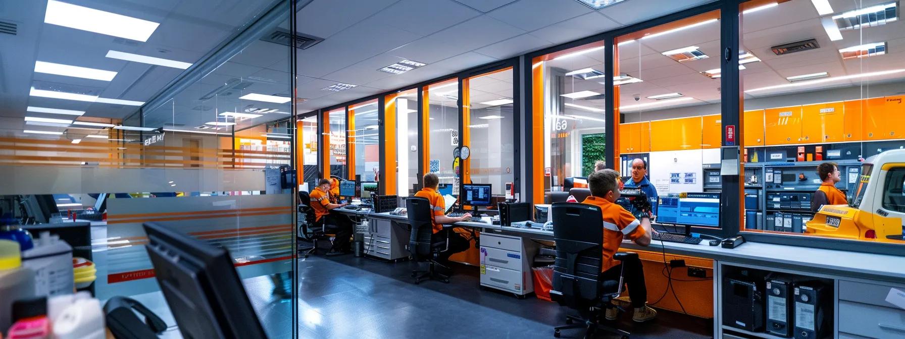 a bustling emergency plumbing service office, featuring attentive engineers in high-visibility uniforms surrounding a central dispatch desk, with service vehicles visible through large windows, all under bright artificial lighting that emphasises the urgency of rapid response to plumbing emergencies.