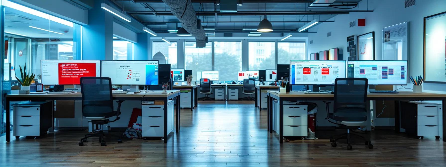 a modern office workspace showcasing computer screens displaying vibrant customer reviews and ratings for plumbing services, illuminated by bright overhead lights, reflecting a sense of professionalism and trustworthiness.