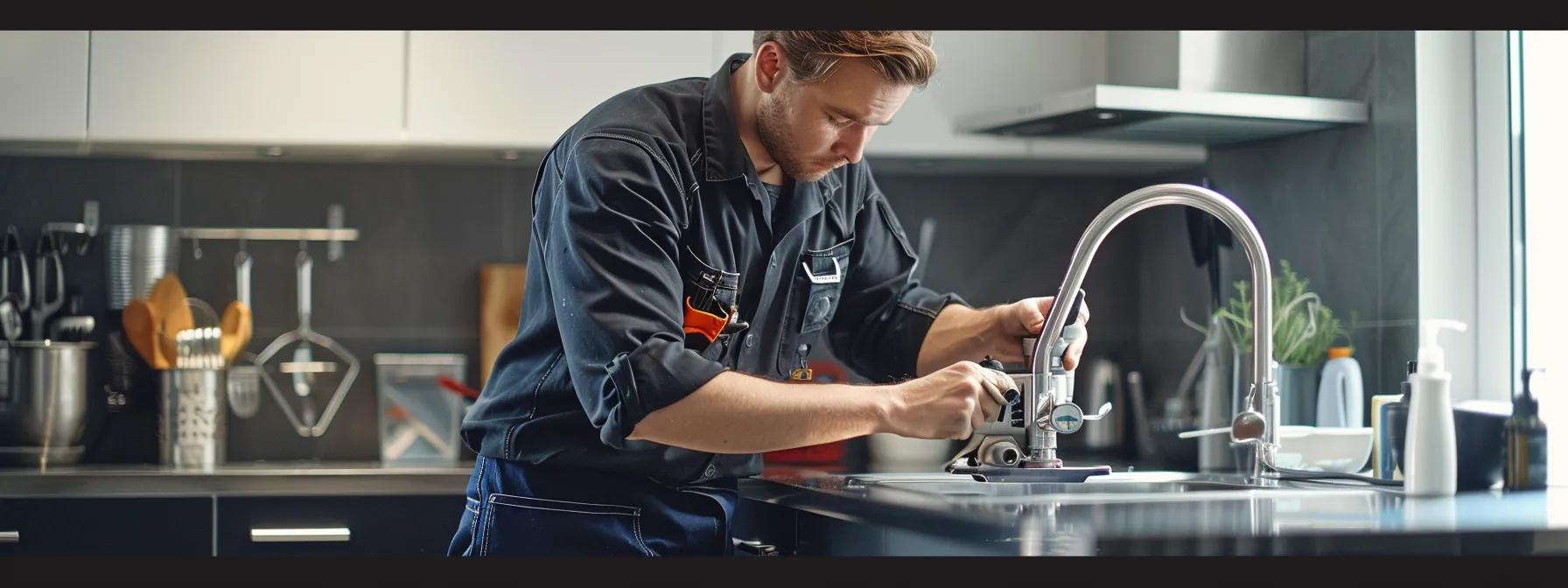 a professional plumber utilises advanced detection equipment in a modern kitchen, focused on identifying and repairing a hidden pipe leak amidst gleaming fixtures and polished countertops, emphasising their expertise and precision in leak repair services.