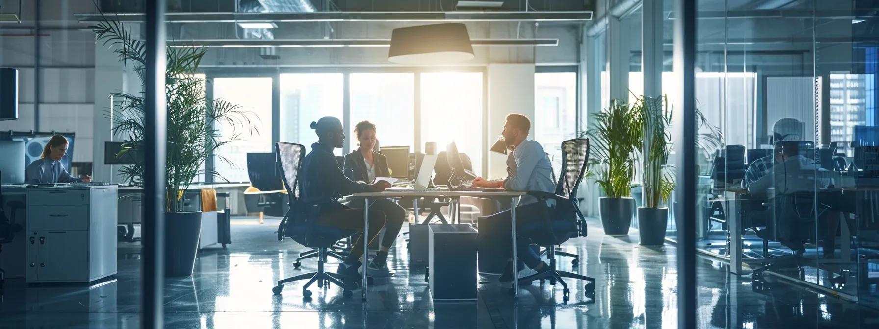 a sleek, modern office interior showcases a diverse team engaged in a dynamic brainstorming session, surrounded by innovative tech and bright, contemporary design elements.